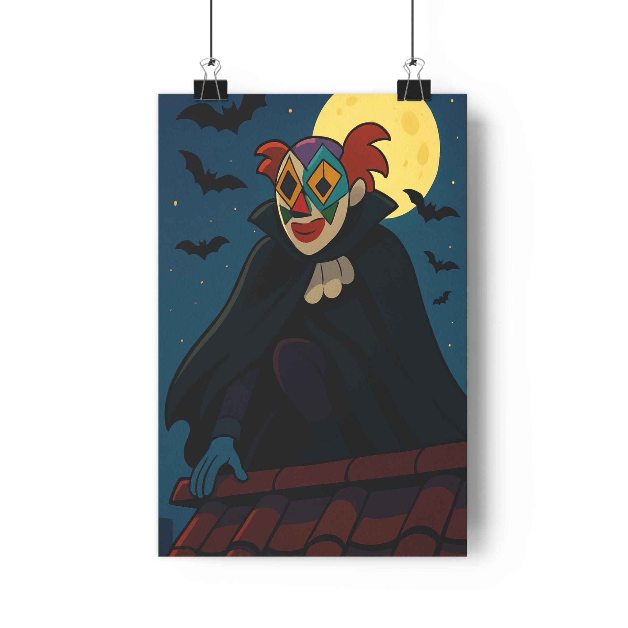 Poster décoratif mystérieux anime nocturne coloré personnage masqué cape sombre ambiance mystique toit chauvessouris