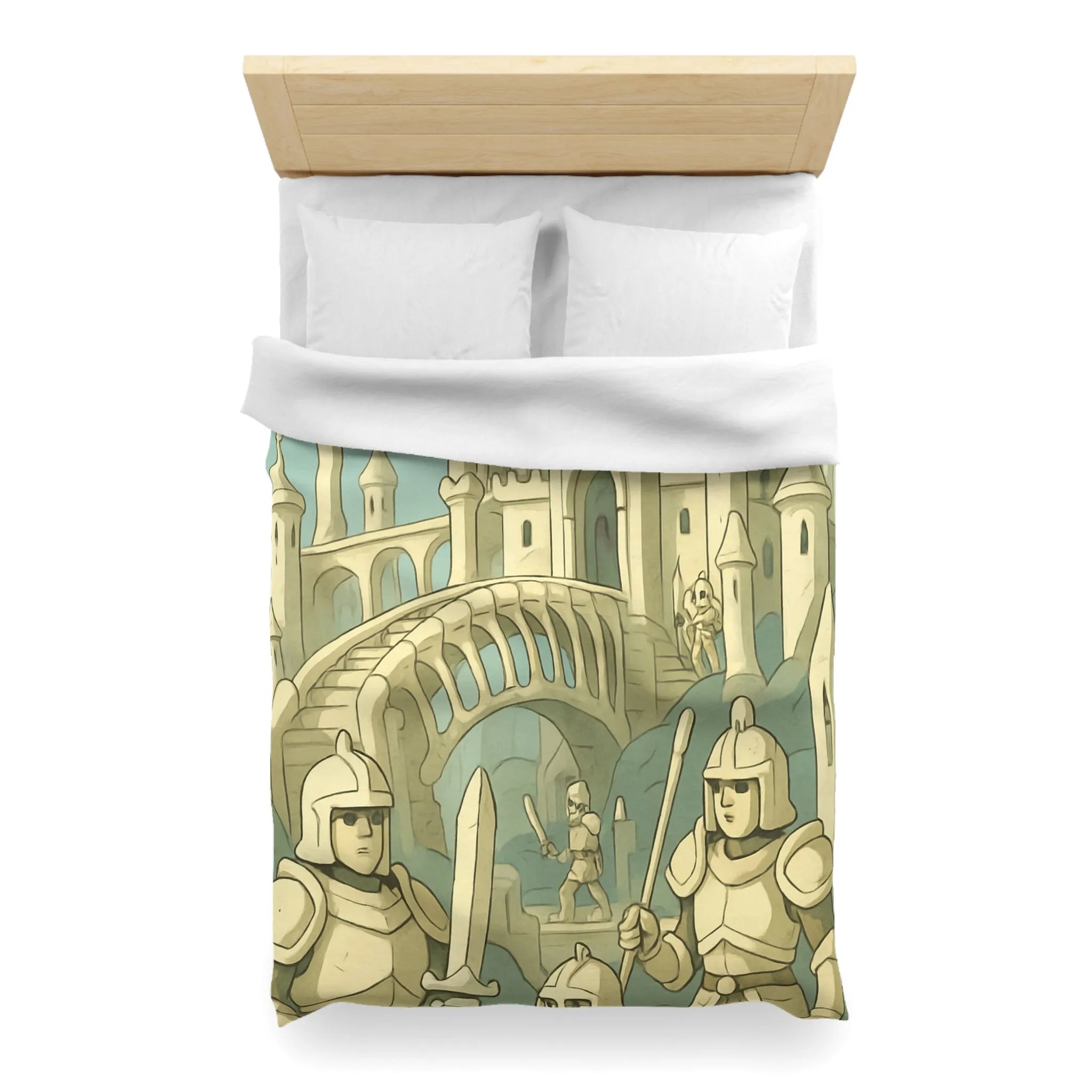 Housse de couette médiévale illustrée avec château crâne et chevaliers en armure