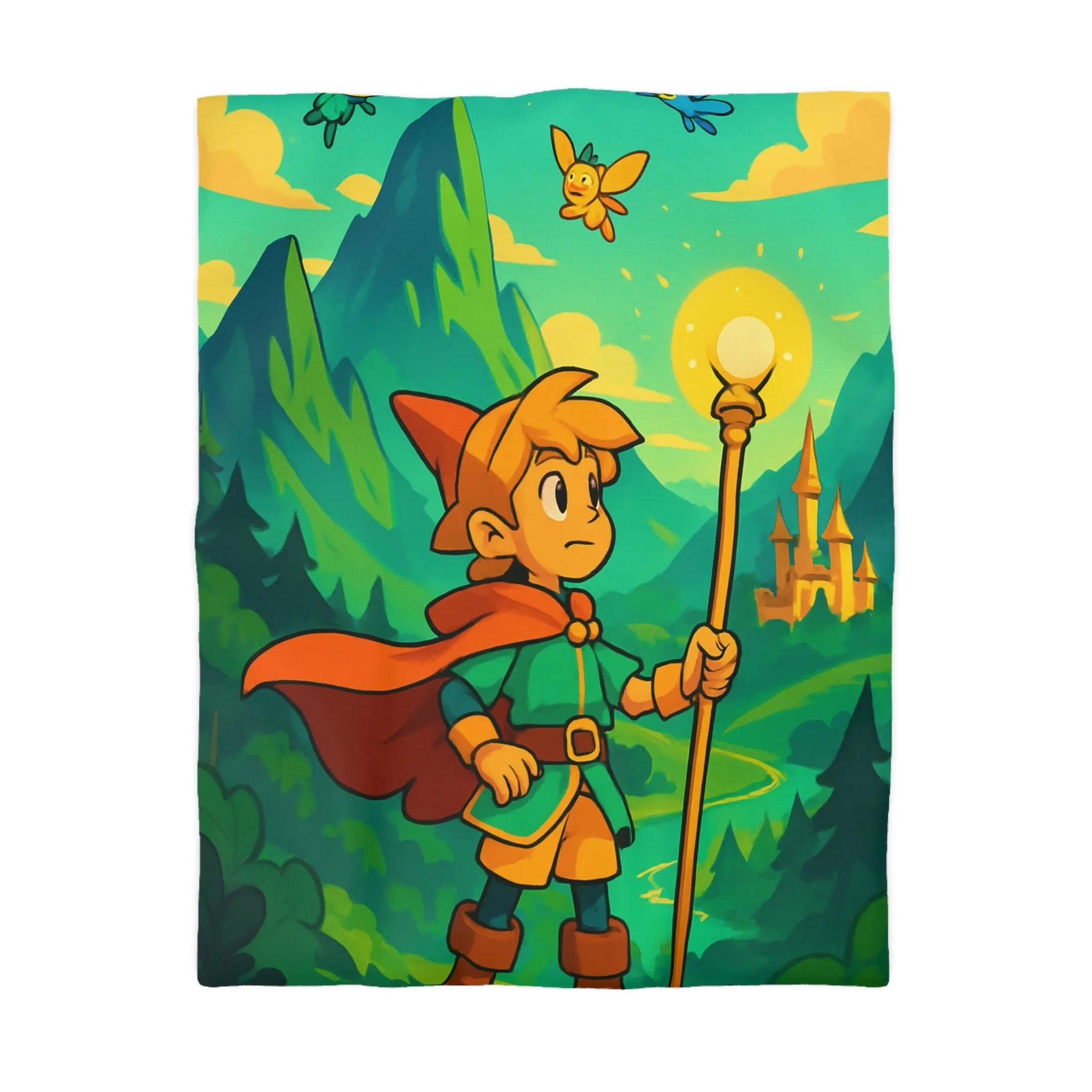 Housse de couette enfant avec illustration magique d'un explorateur et créatures mystiques