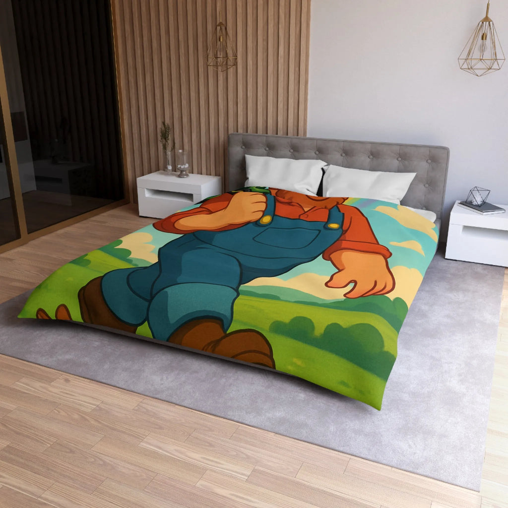 Housse de couette fermier joyeux avec animaux, arc-en-ciel et tracteur, paysage coloré