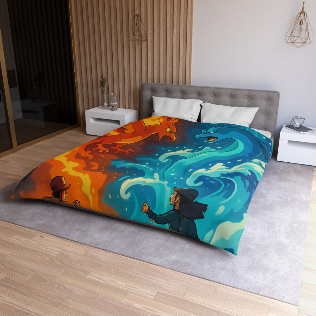 Housse de couette aventure épique avec créatures de feu et glace légendaires en duel
