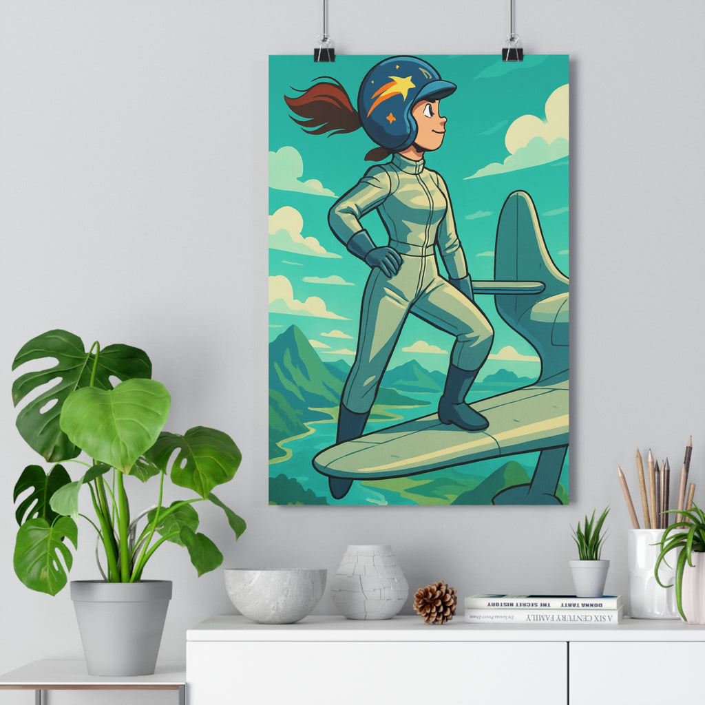 Poster décoratif cartoon bleu vert aventure bureau chambre format 30x46 femme avion aile rêveur