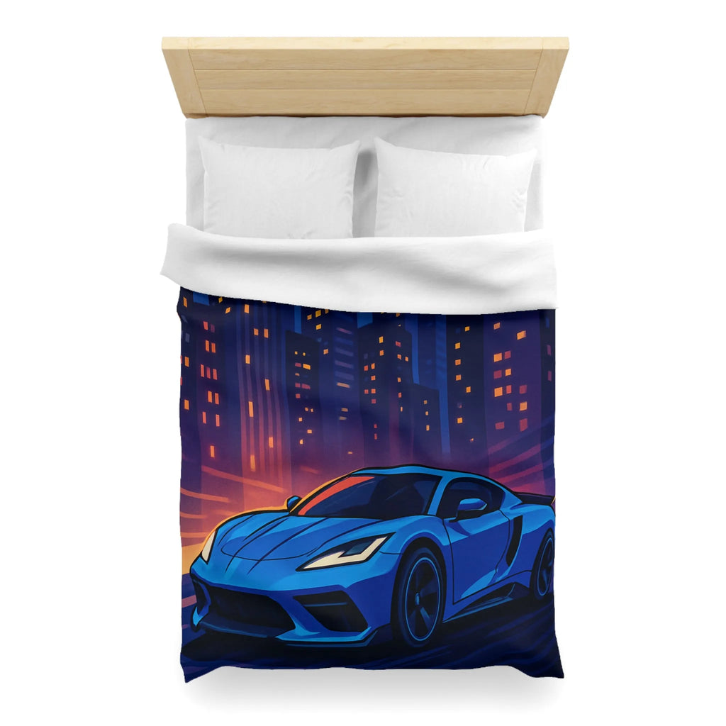 Housse de couette avec voiture bleue moderne et paysage urbain éclairé la nuit