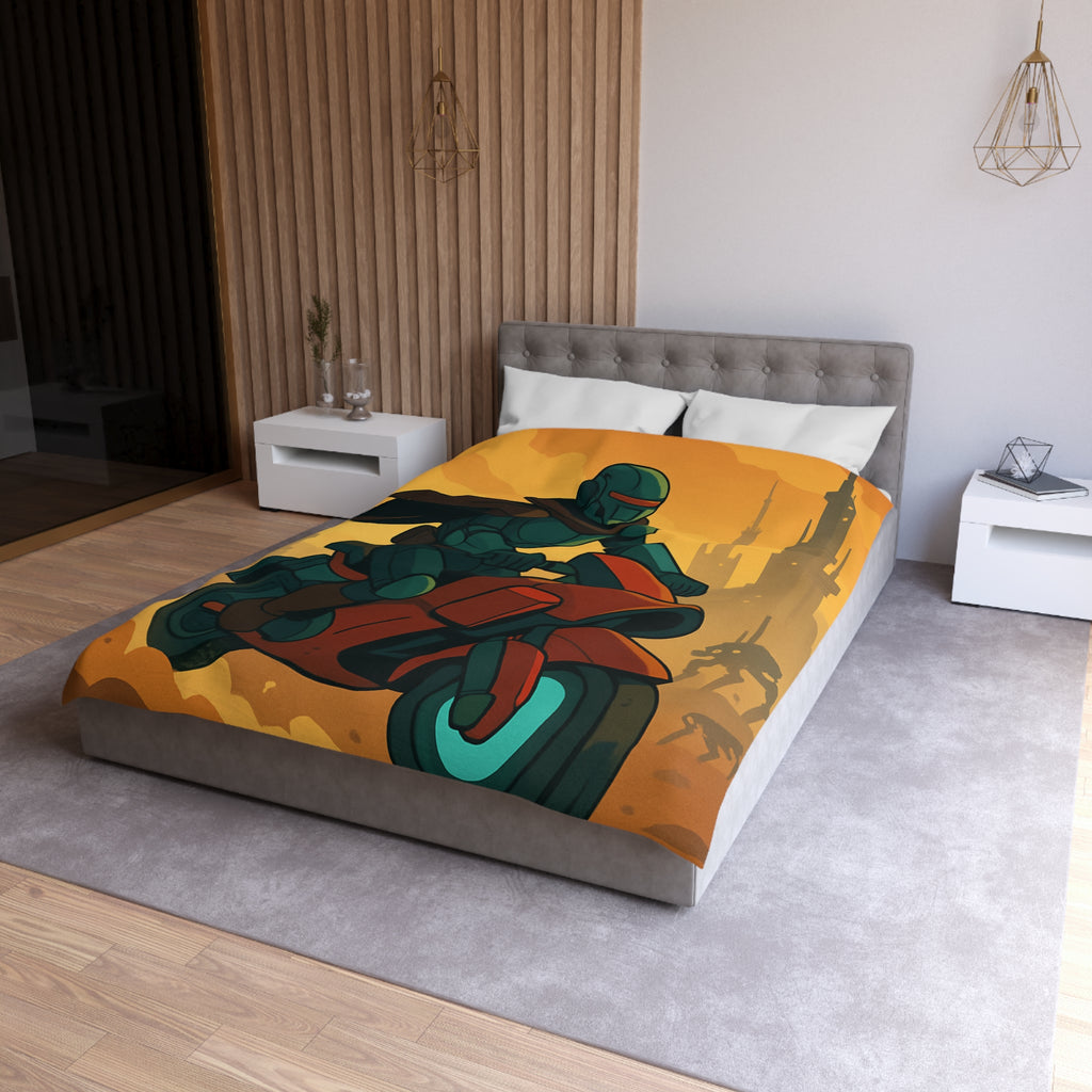 Housse de couette moto futuriste avec pilote en armure et paysage urbain orange