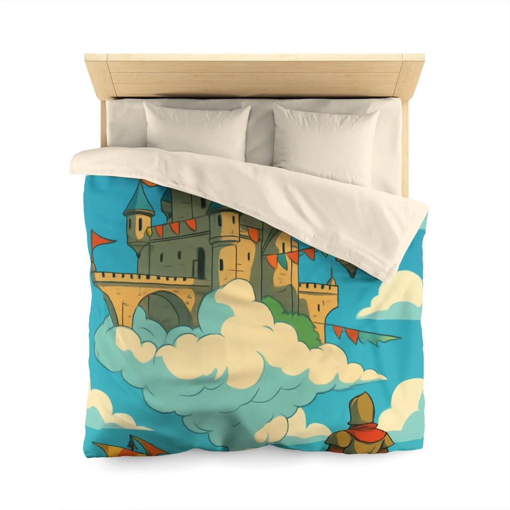 Housse de couette avec château flottant dans le ciel, style fantaisie aventure.