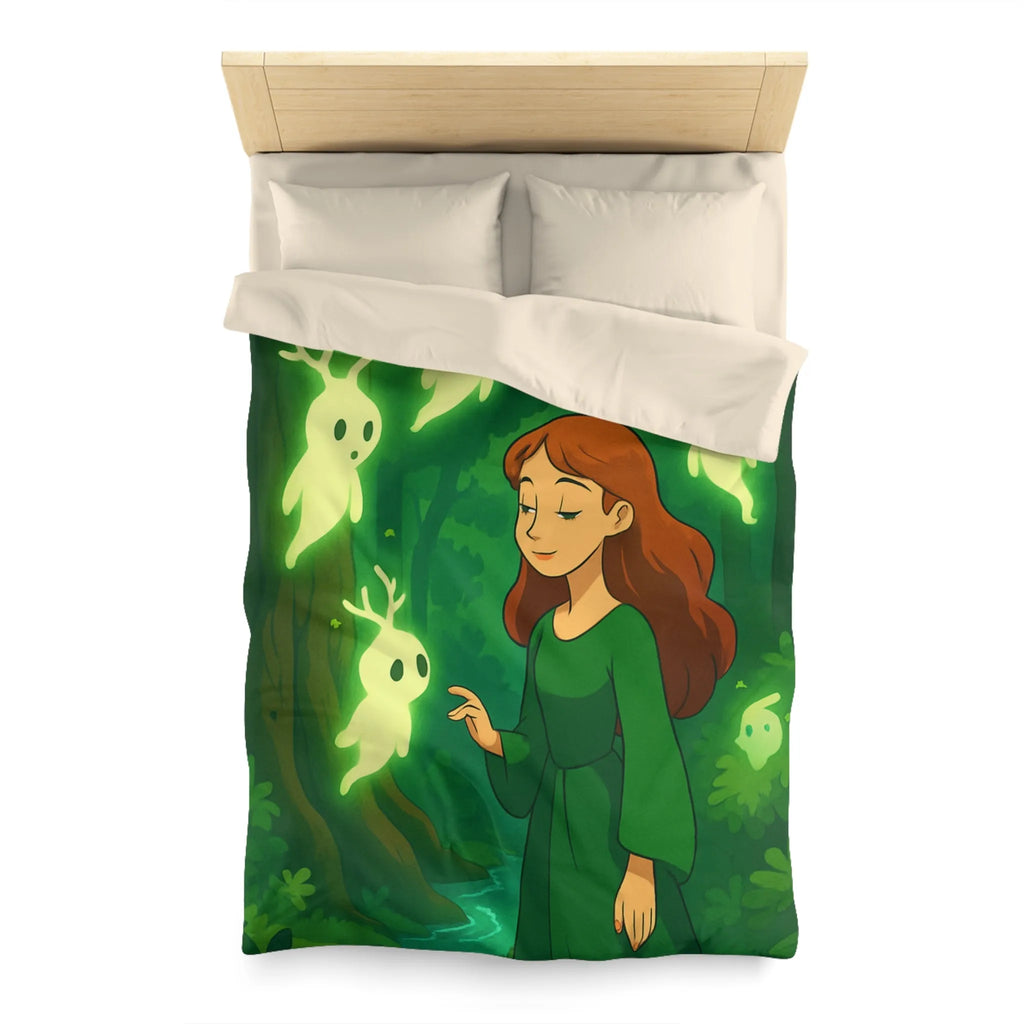 Housse de couette enchantée avec esprits lumineux dans une forêt mystérieuse et verdoyante