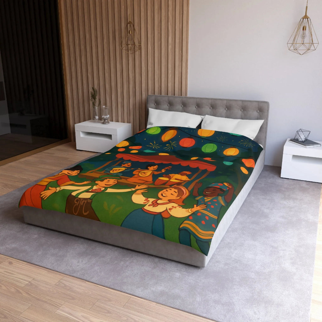 Housse de Couette Enfant Festive avec Lanternes Colorées et Scène de Musique en Plein Air