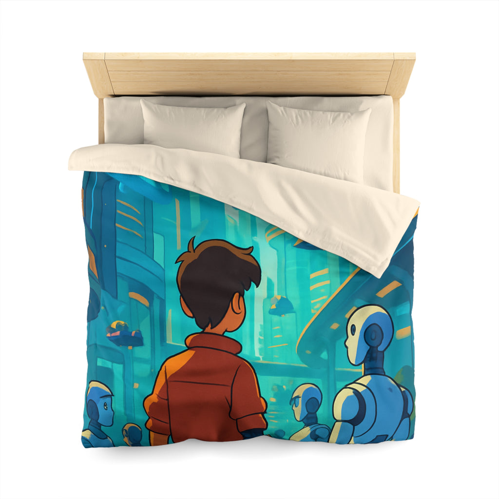 Housse de couette urbaine futuriste avec robots et affiches lumineuses pour chambre moderne