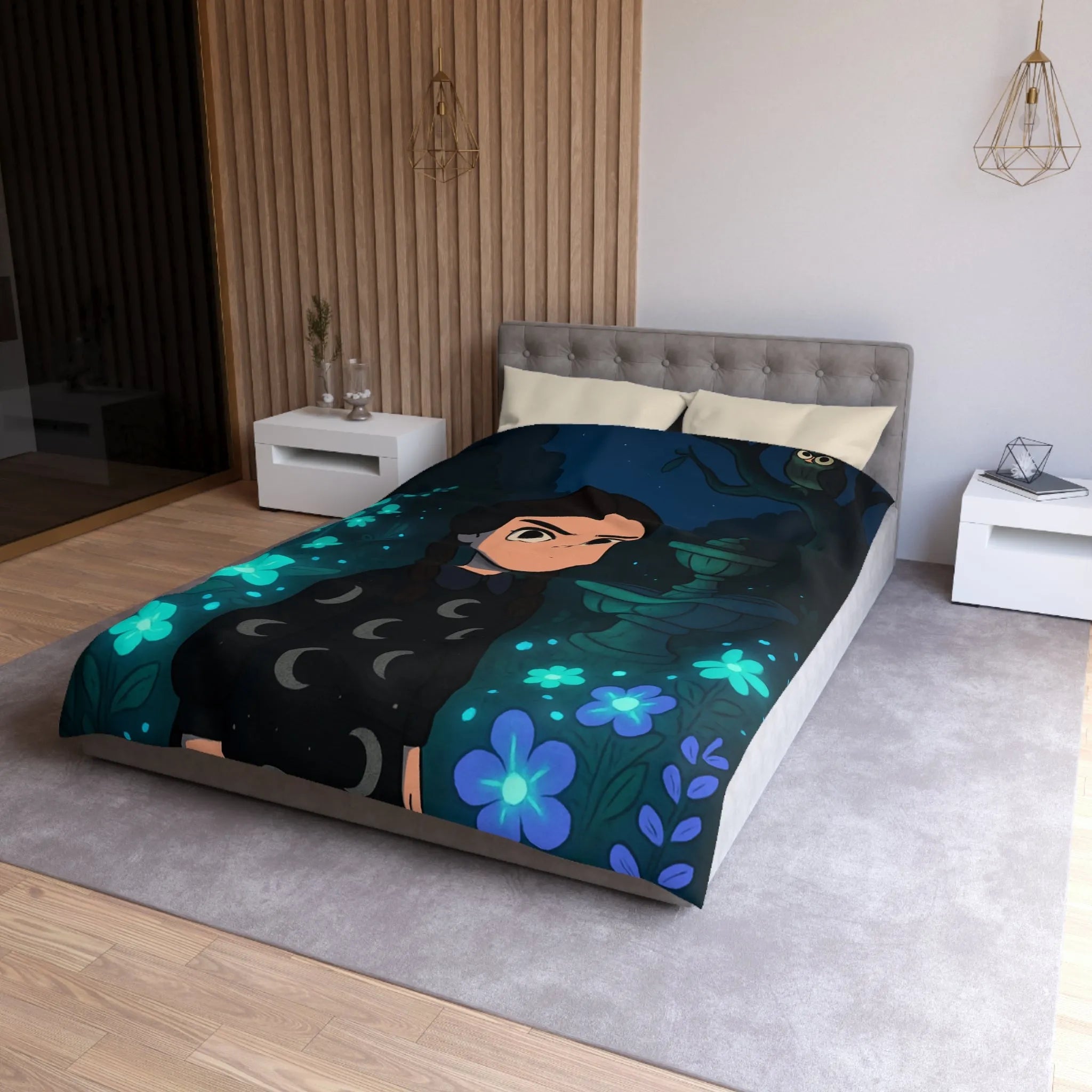 Housse de Couette Enfantine avec Motif Lune et Fleurs naturellement Nocture