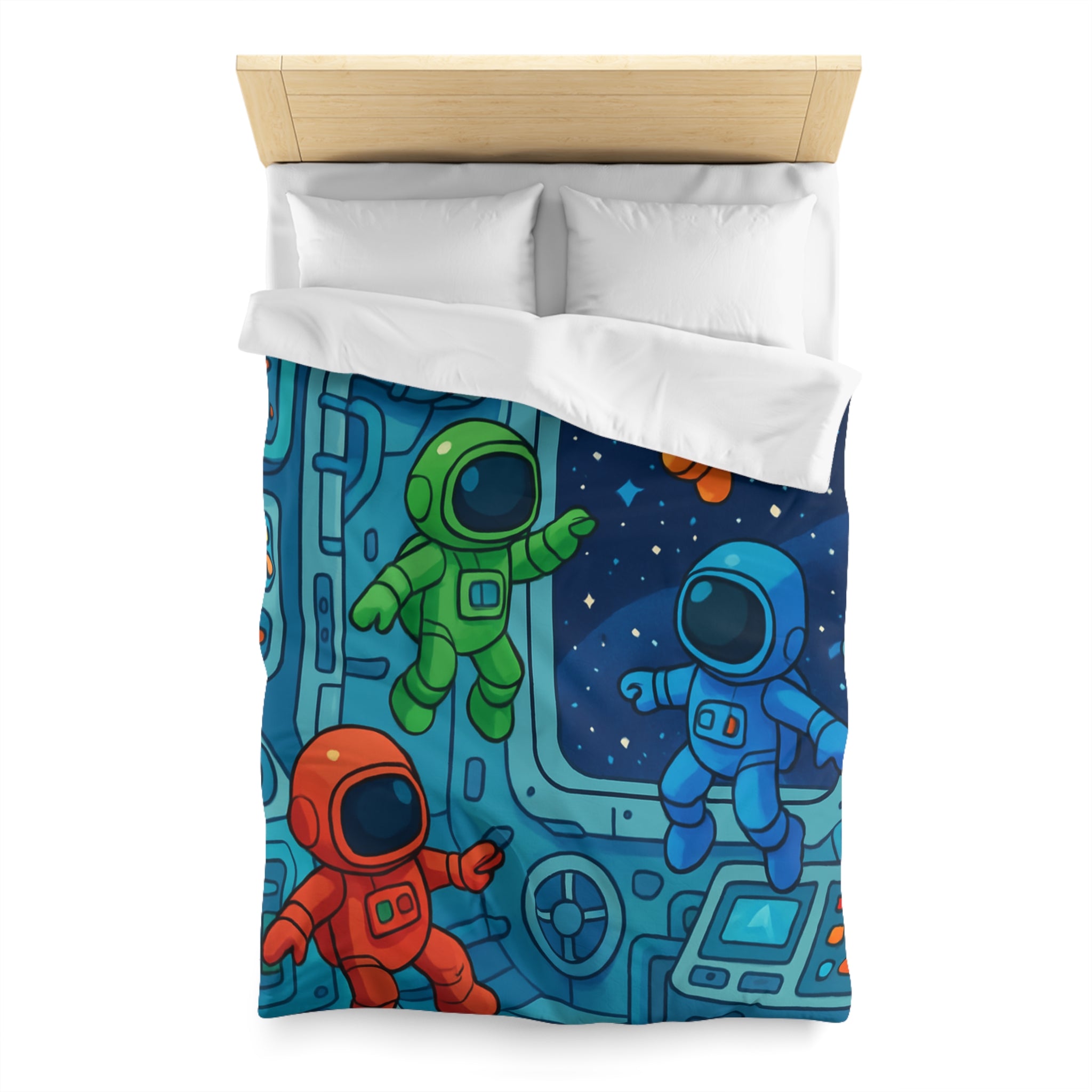 Quatre Astronautes Colorés Flottant Joyeusement Dans Une Station Spatiale Avec Vue Sur Étoiles