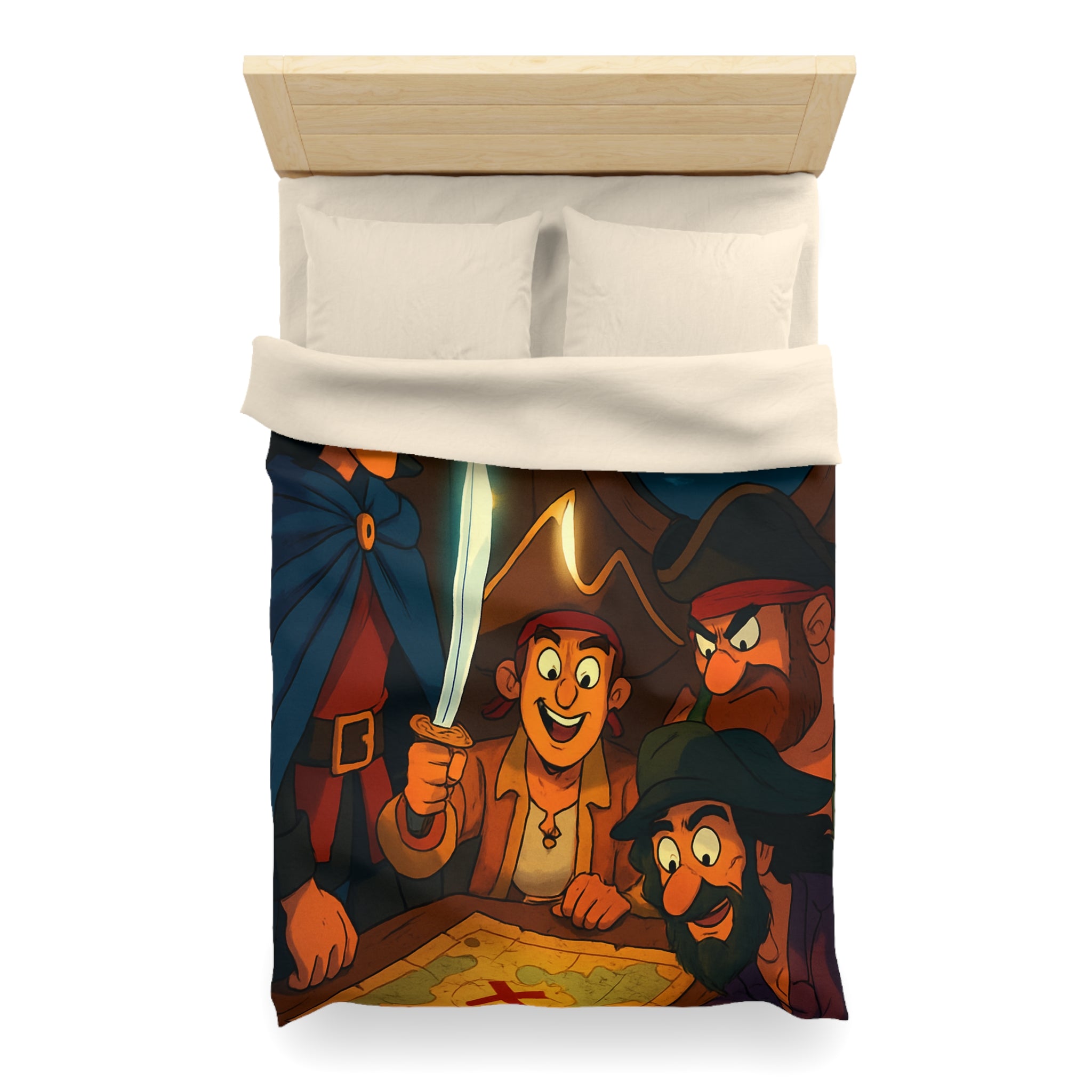 Housse de Couette Pirate Cartoon avec Carte Trésor et Équipage Sous Lampe