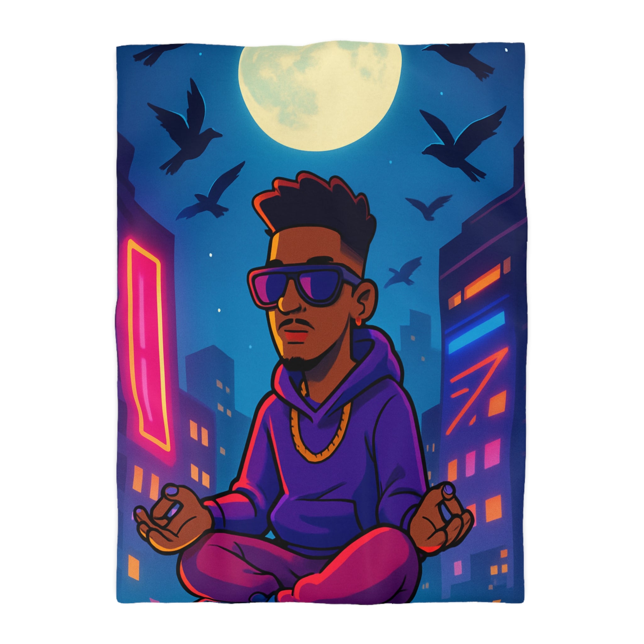 Housse de Couette Représentant Jeune Méditant Sur Toit en Ville, Pleine Lune Derrière