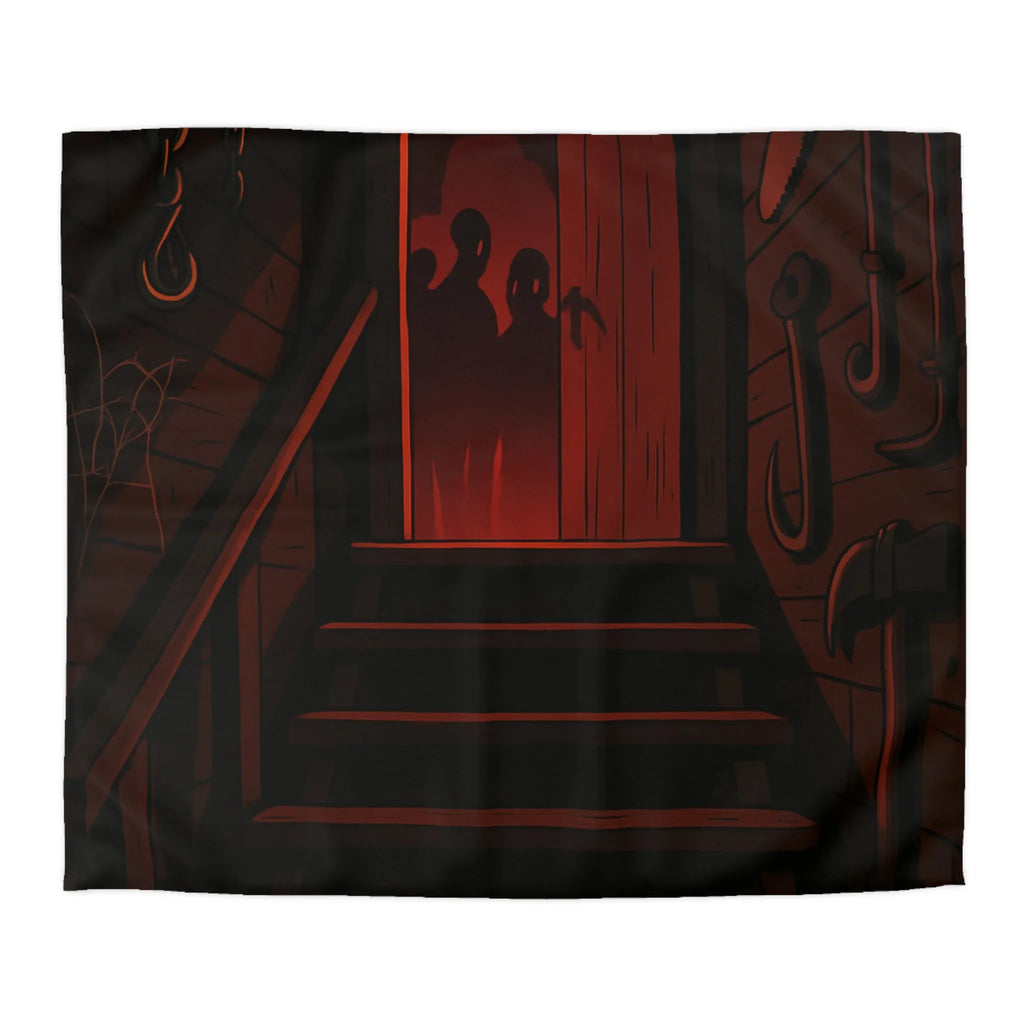 Ambiance Sombre et Mystérieuse avec Silhouettes et Éclat Rouge dans un Sous-Sol