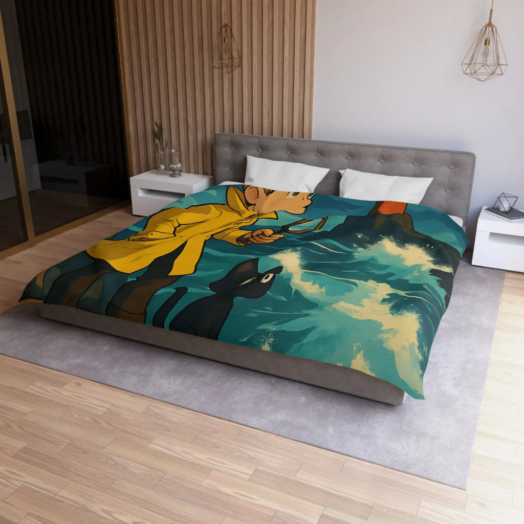 Housse de Couette Aventure Enfantine avec Phare, Océan et Chat Mystérieux