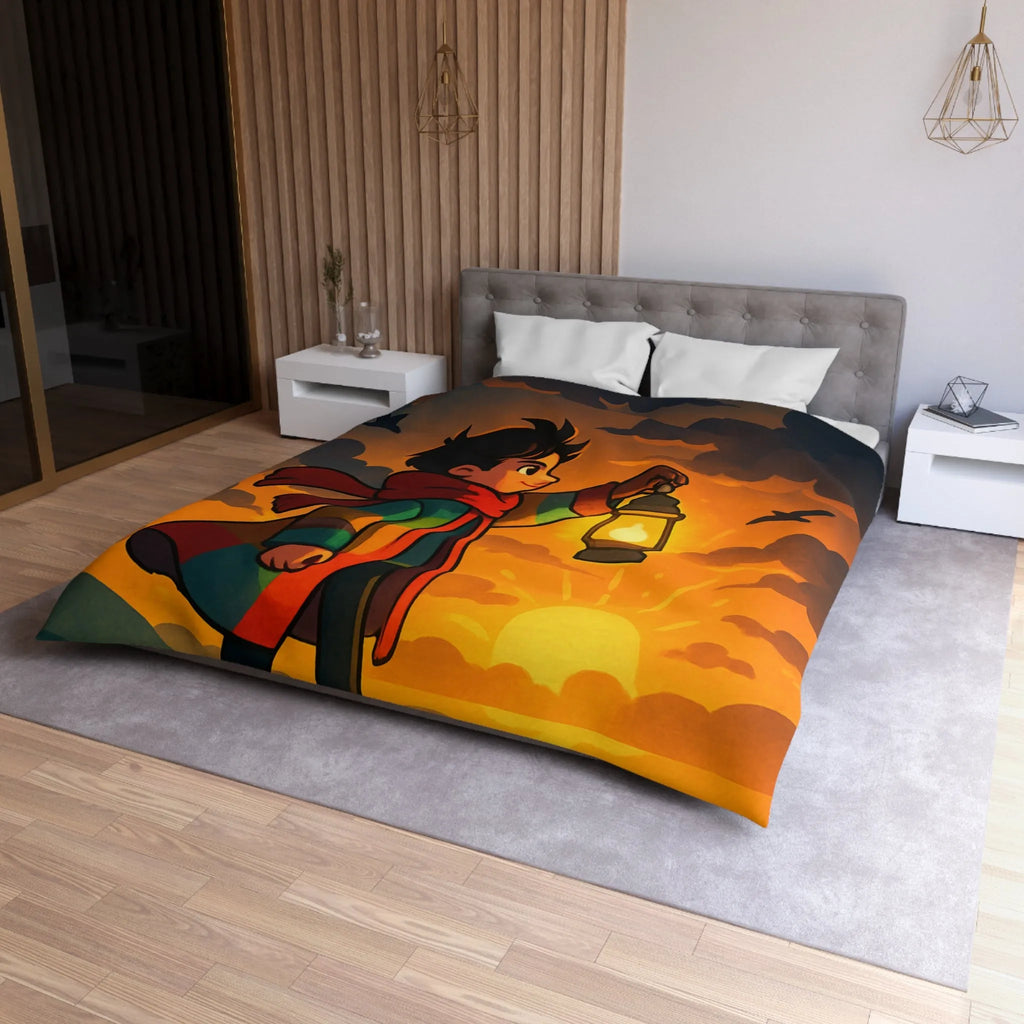 Housse de couette avec illustration enfantine colorée : garçon, lanterne, ciel dramatique