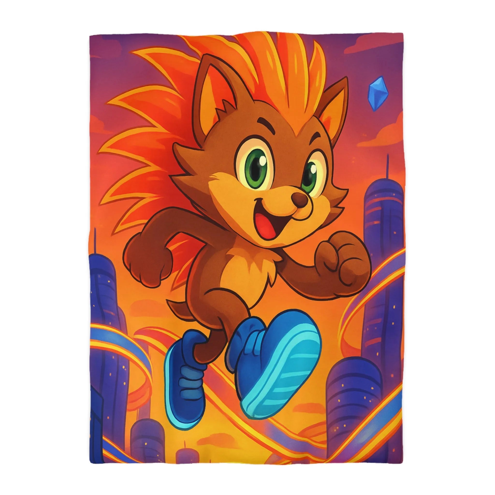 Housse de couette avec hérisson coloré courant dans une ville futuriste au coucher du soleil