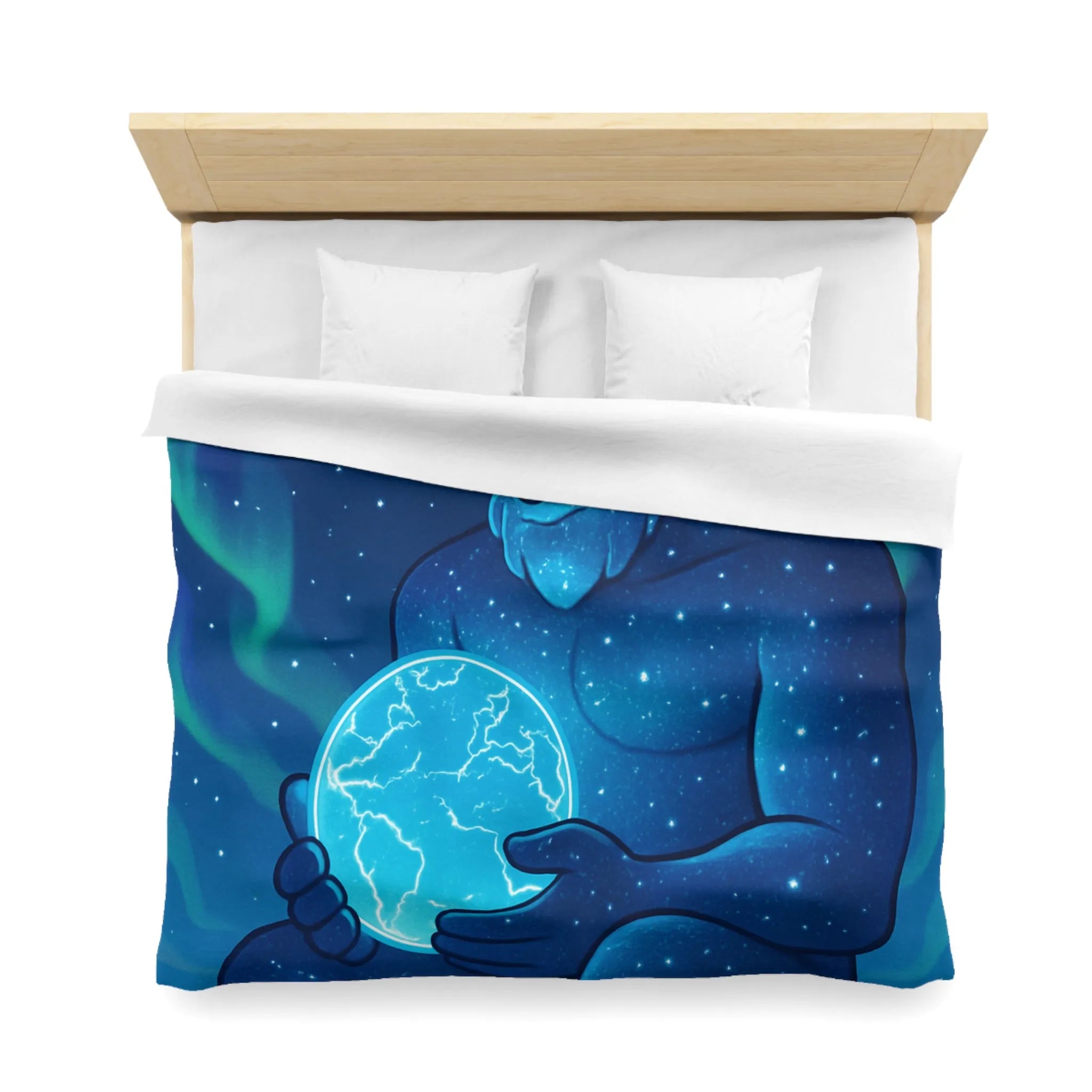 Housse de couette cosmique avec géant céleste tenant une planète lumineuse bleue