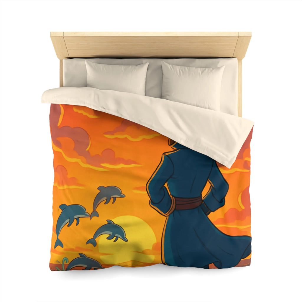 Housse de couette avec pirate contemplant dauphins sous ciel flamboyant au coucher du soleil