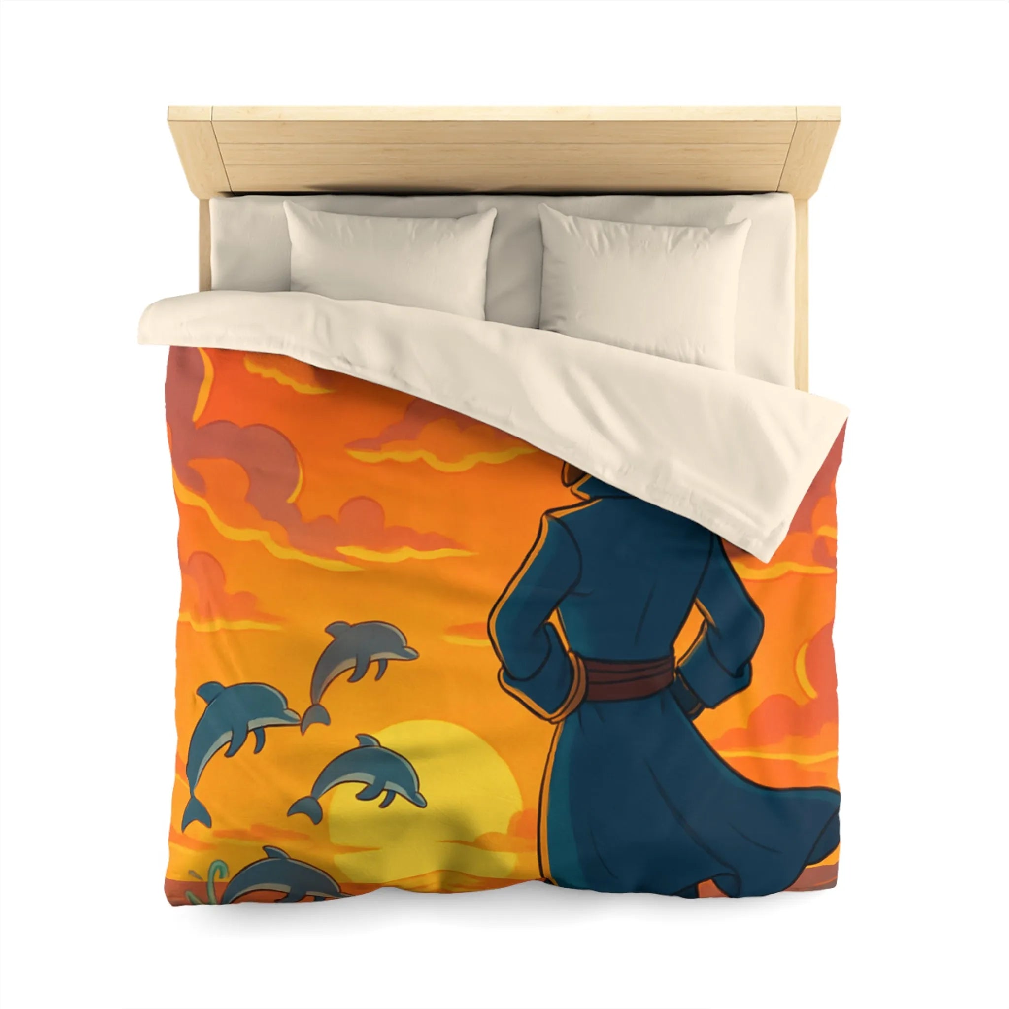 Housse de couette avec pirate contemplant dauphins sous ciel flamboyant au coucher du soleil