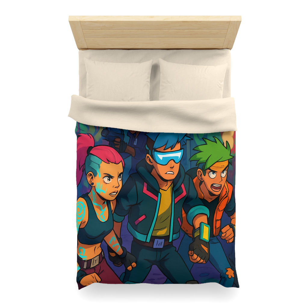 Housse de couette néon rétro avec personnages futuristes dans ruelle urbaine animée