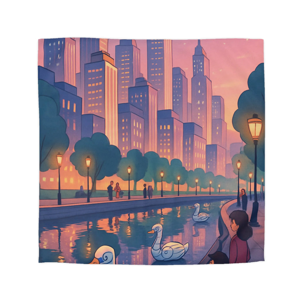 Housse de couette illustrée avec cygnes et skyline urbaine au coucher du soleil