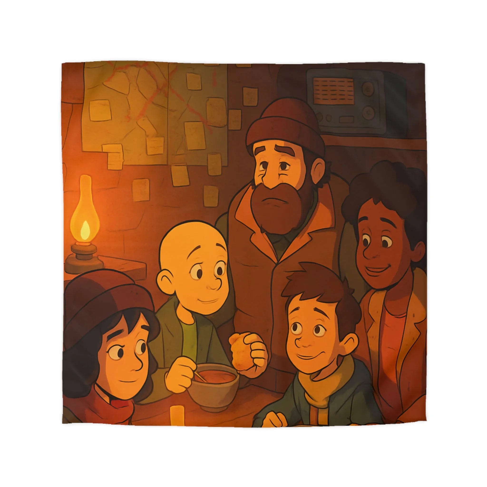 Housse de couette chaleureuse avec illustration d'un repas en famille dans un refuge