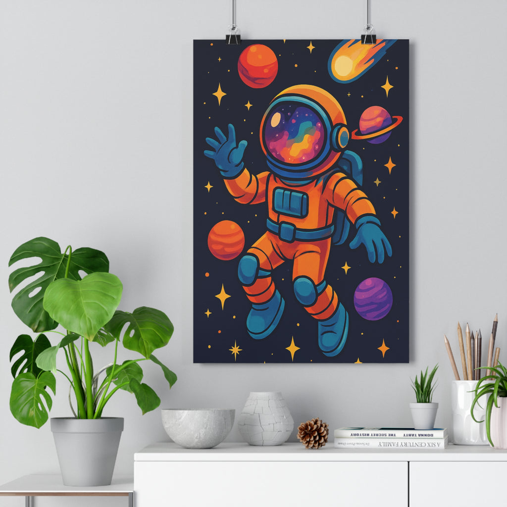 Poster décoratif astronaute espace coloré vibrant cosmos moderne chambre enfant aventure fantastique lumineux étoilé