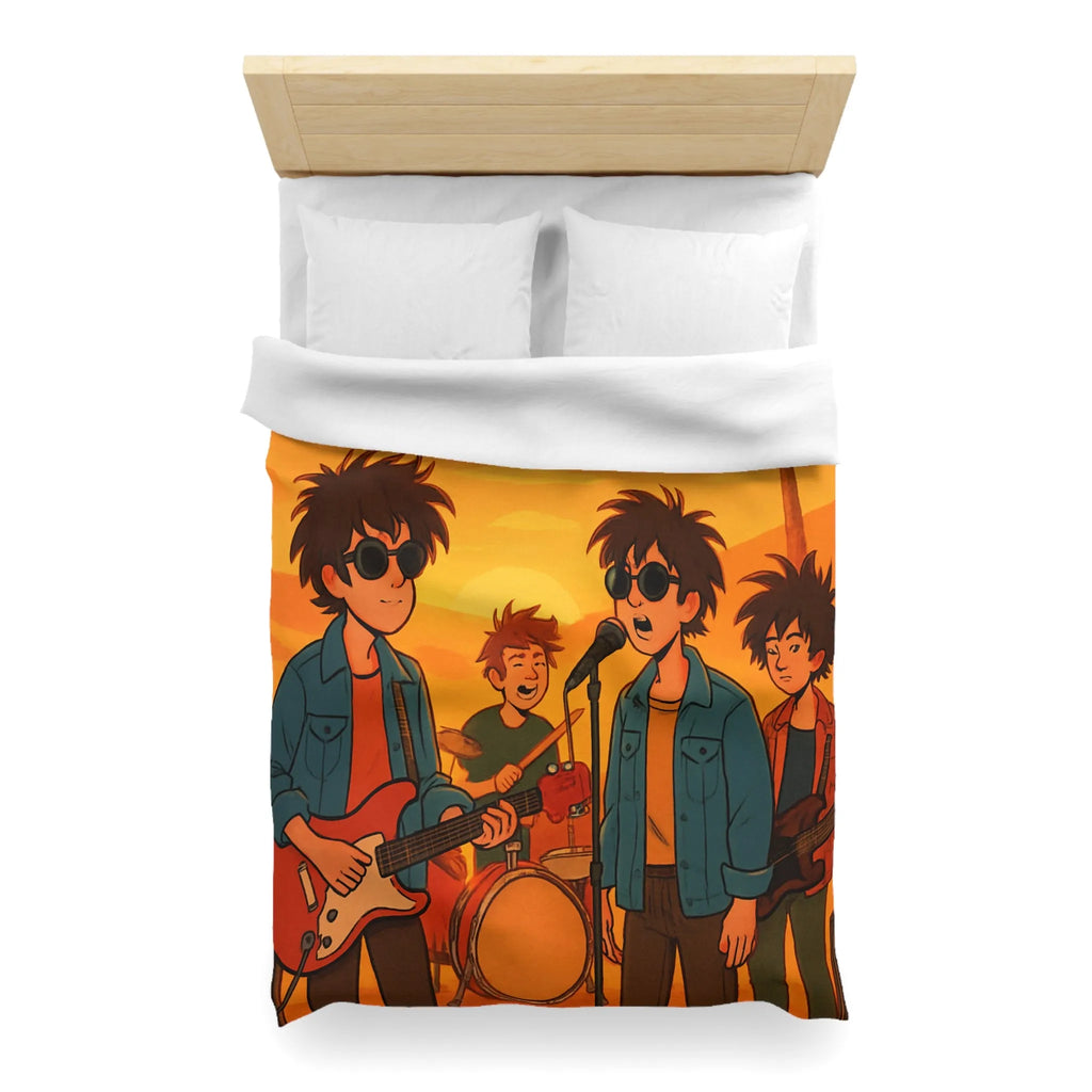 Housse de couette ensoleillée avec musiciens, ambiance rétro pour chambres modernes et vintage