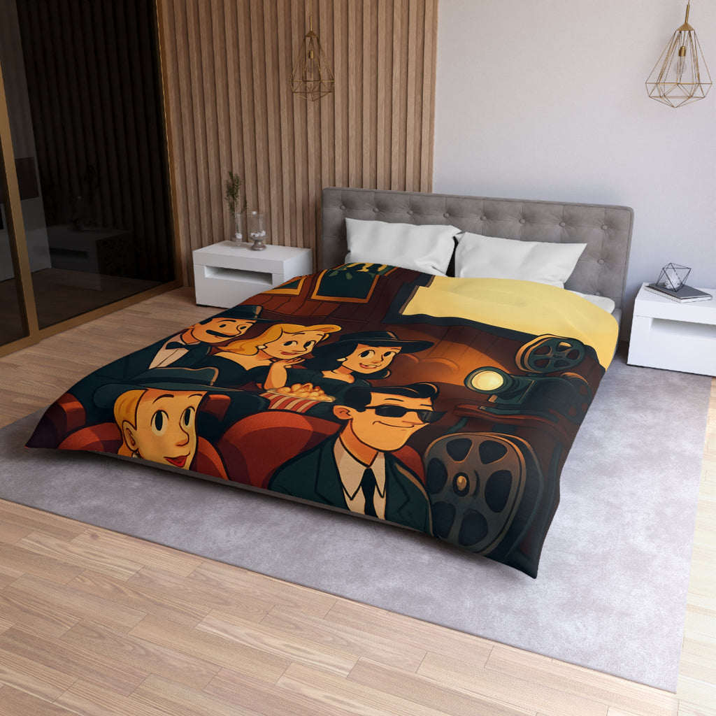 Housse de Couette Rétro Cinéma avec Scène de Spectateurs Élégants et Projecteur