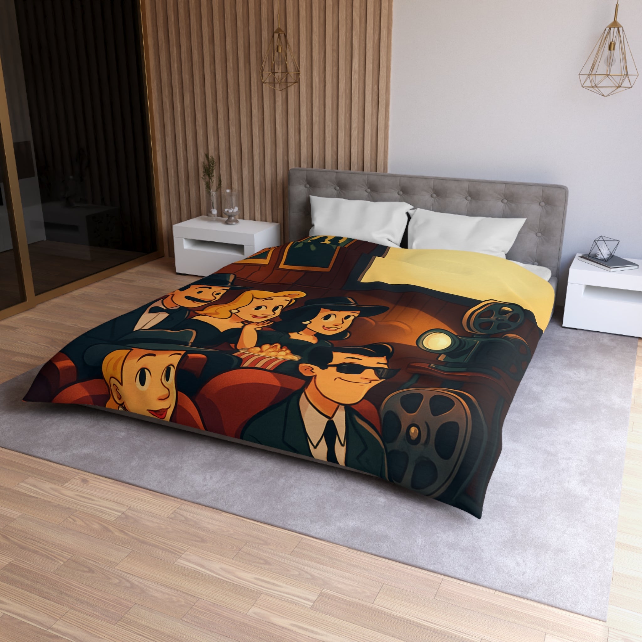 Housse de Couette Rétro Cinéma avec Scène de Spectateurs Élégants et Projecteur