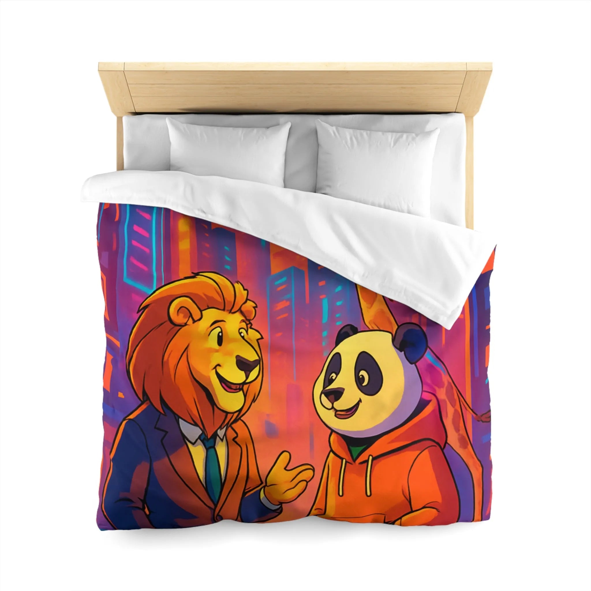 Housse de couette colorée avec lion et panda en costume urbain de ville futuriste