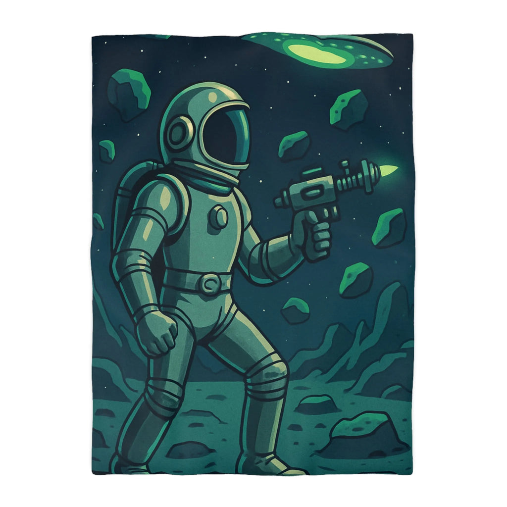 Exploration spatiale rétro avec astronaute et soucoupe volante sur fond nocturne stellaire