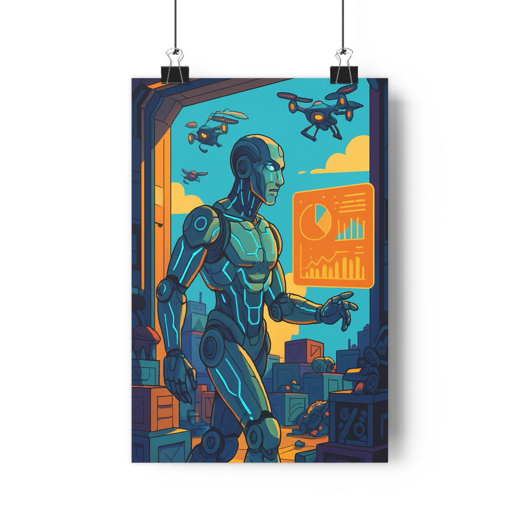 Poster décoratif cyborg futuriste bleu orange cartoon dynamique technologie salon bureau design moderne qualité