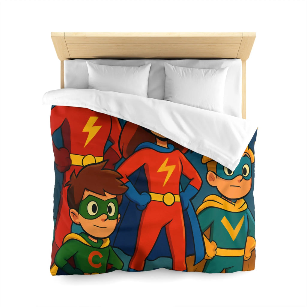 Housse de couette colorée super-héros pour enfants avec scène urbaine lumineuse et joyeuse