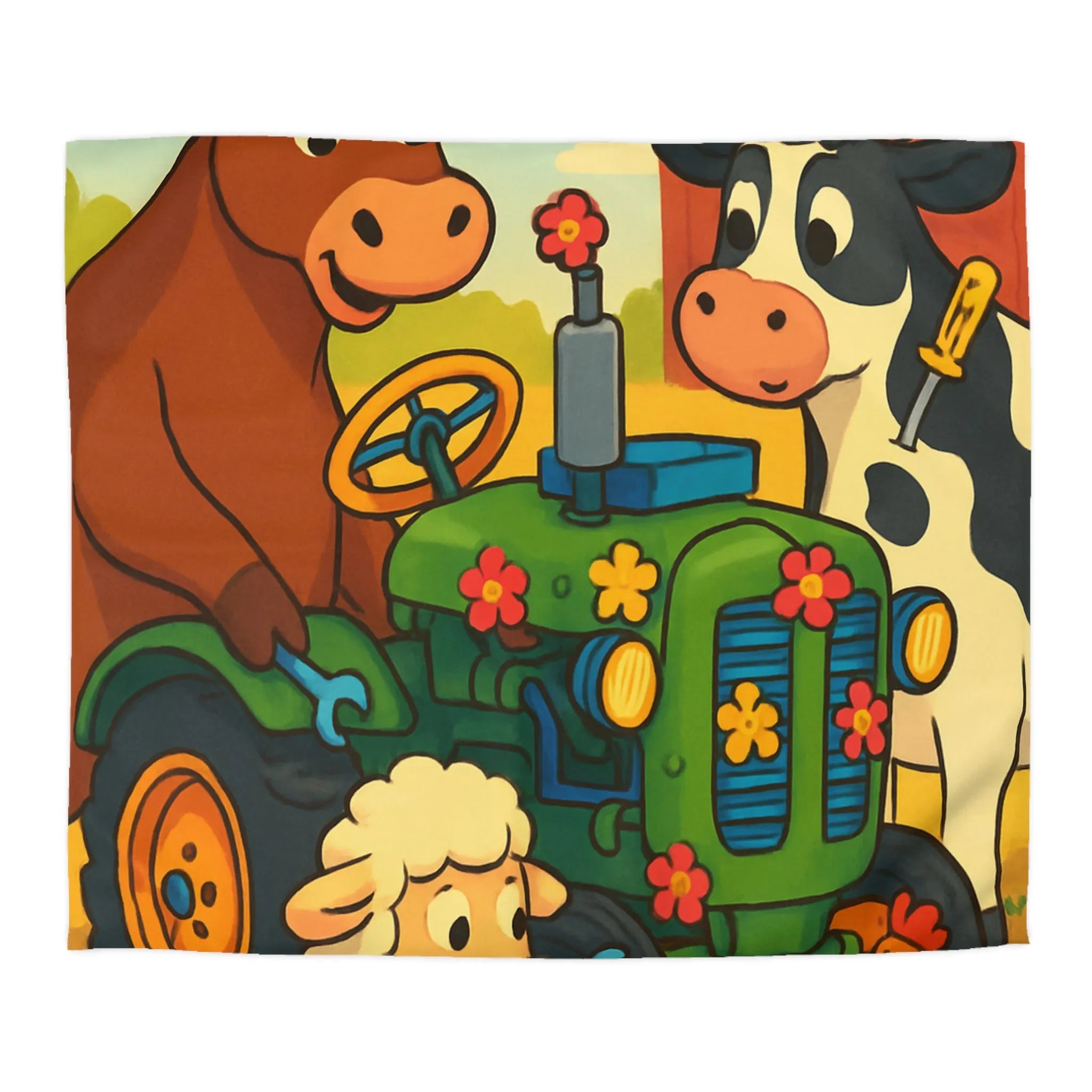 Housse de couette colorée avec animaux amusants à la ferme et tracteur ludique