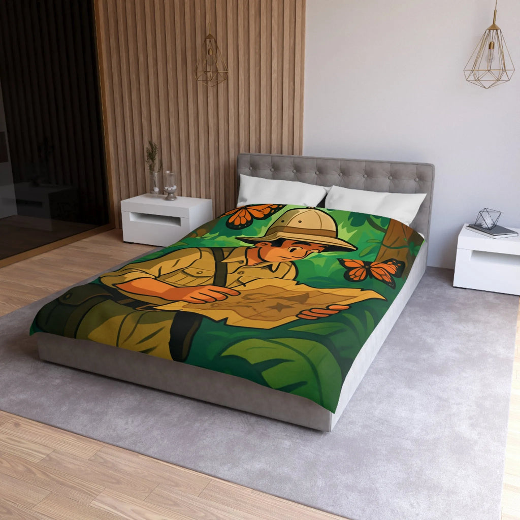 Housse de couette avec explorateur dans la jungle et papillons exotiques colorés