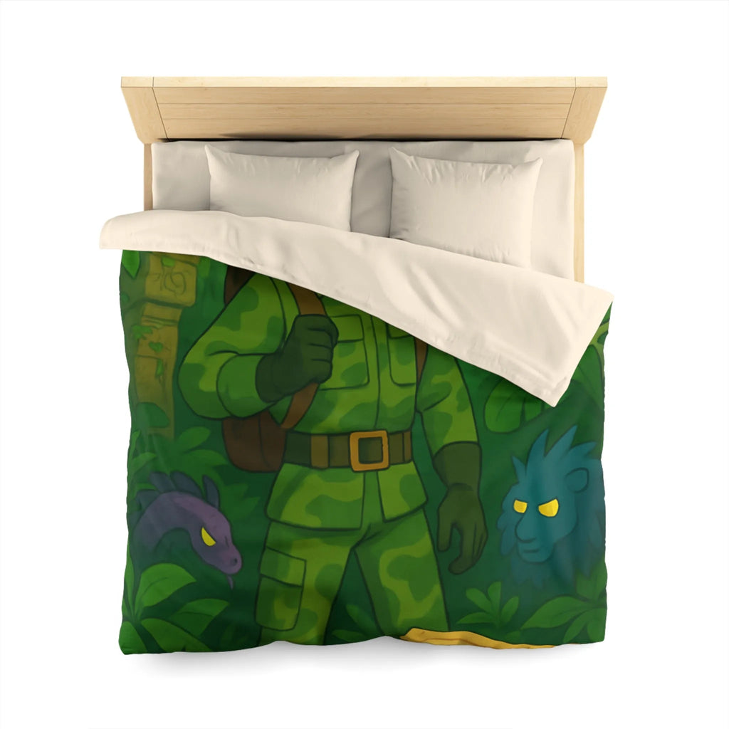 Housse de couette avec explorateur aventurier parmi créatures fantastiques et forêt luxuriante