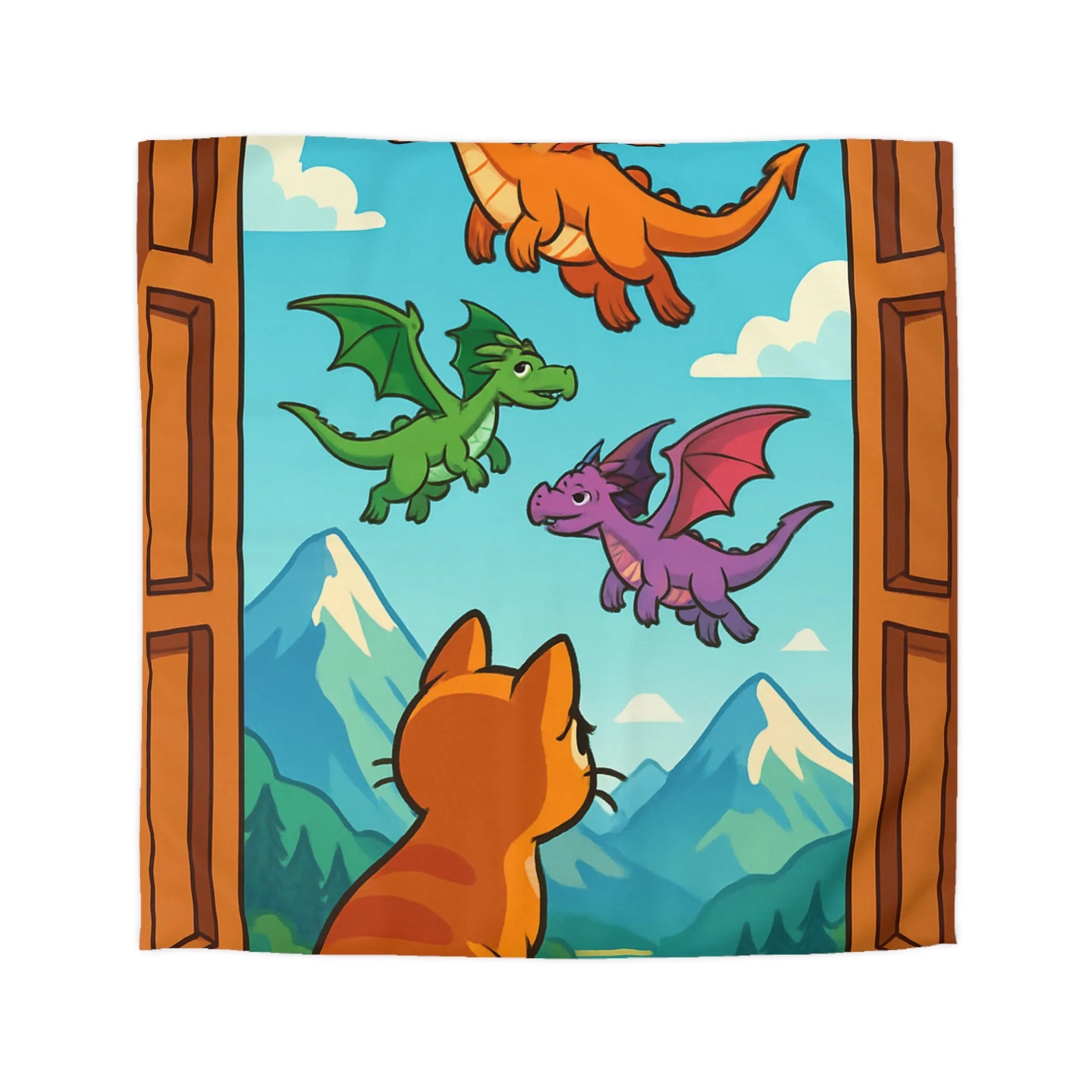 Housse de couette fantaisie avec chat orange et dragons colorés sur fond montagneux