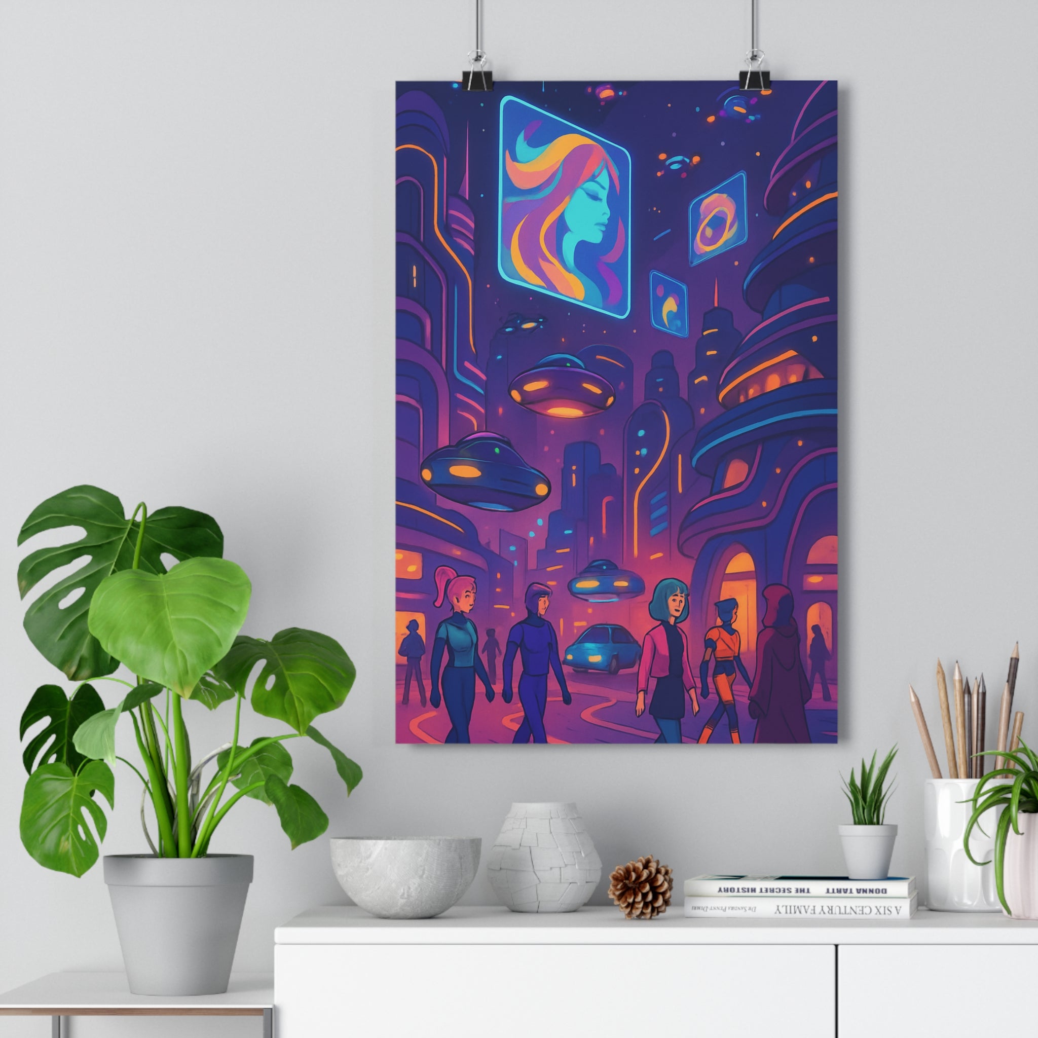 Poster décoratif futuriste violet orange cyberpunk moderne salon bureau art mural ville animée qualité