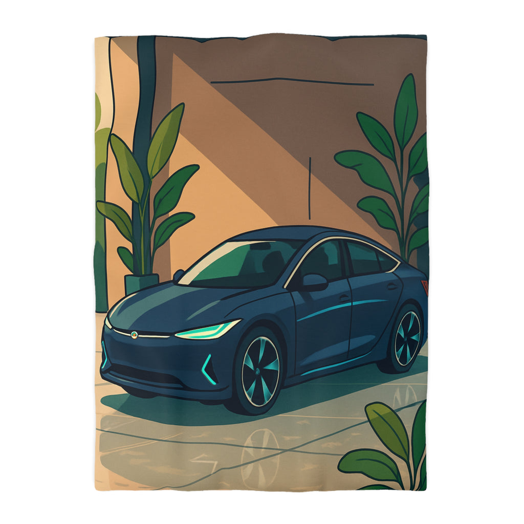 Housse de Couette Moderne avec Voiture et Plantes Vertes pour Design Chic Urbain