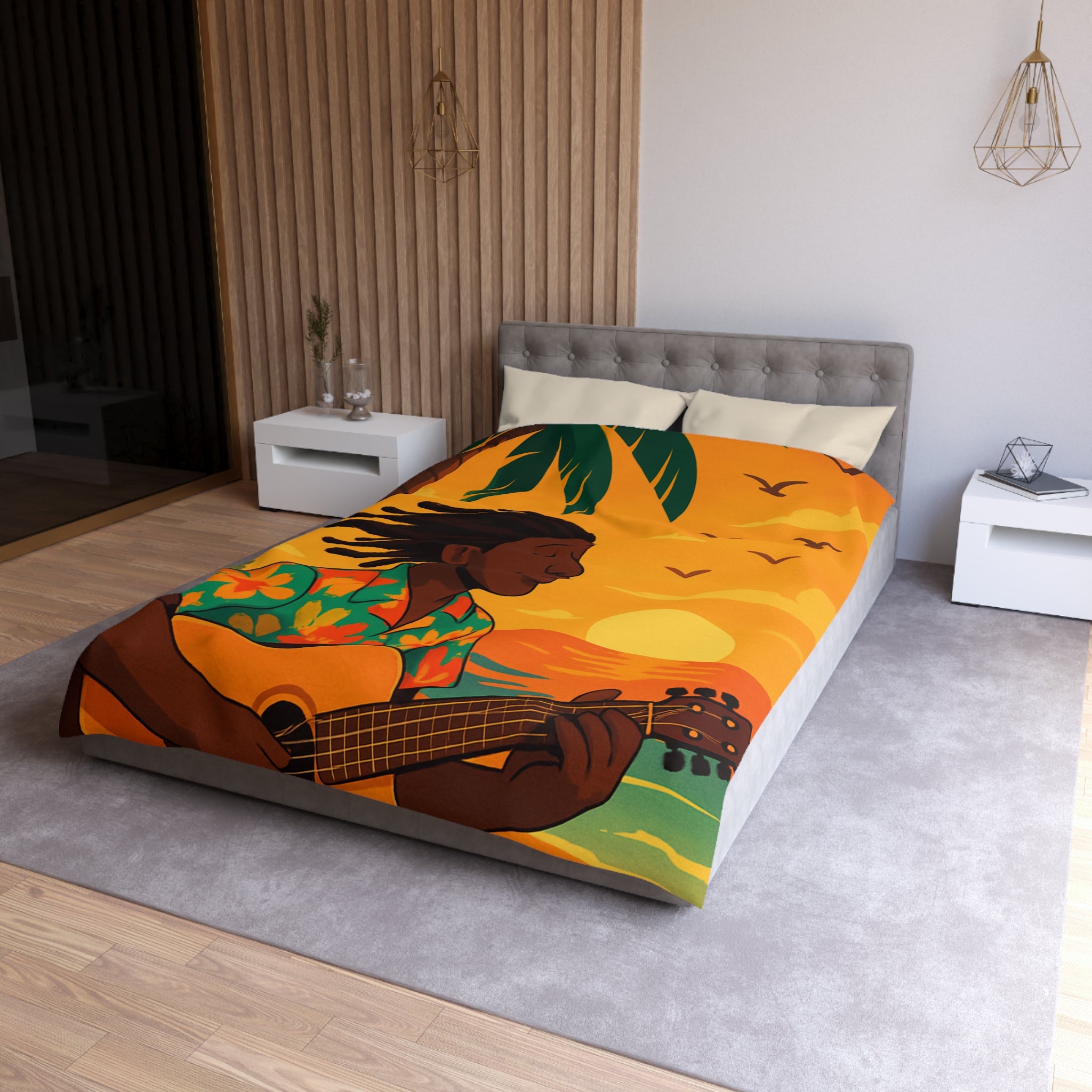 Housse de couette tropicale avec musique, coucher de soleil et palmiers exotiques pour chambre