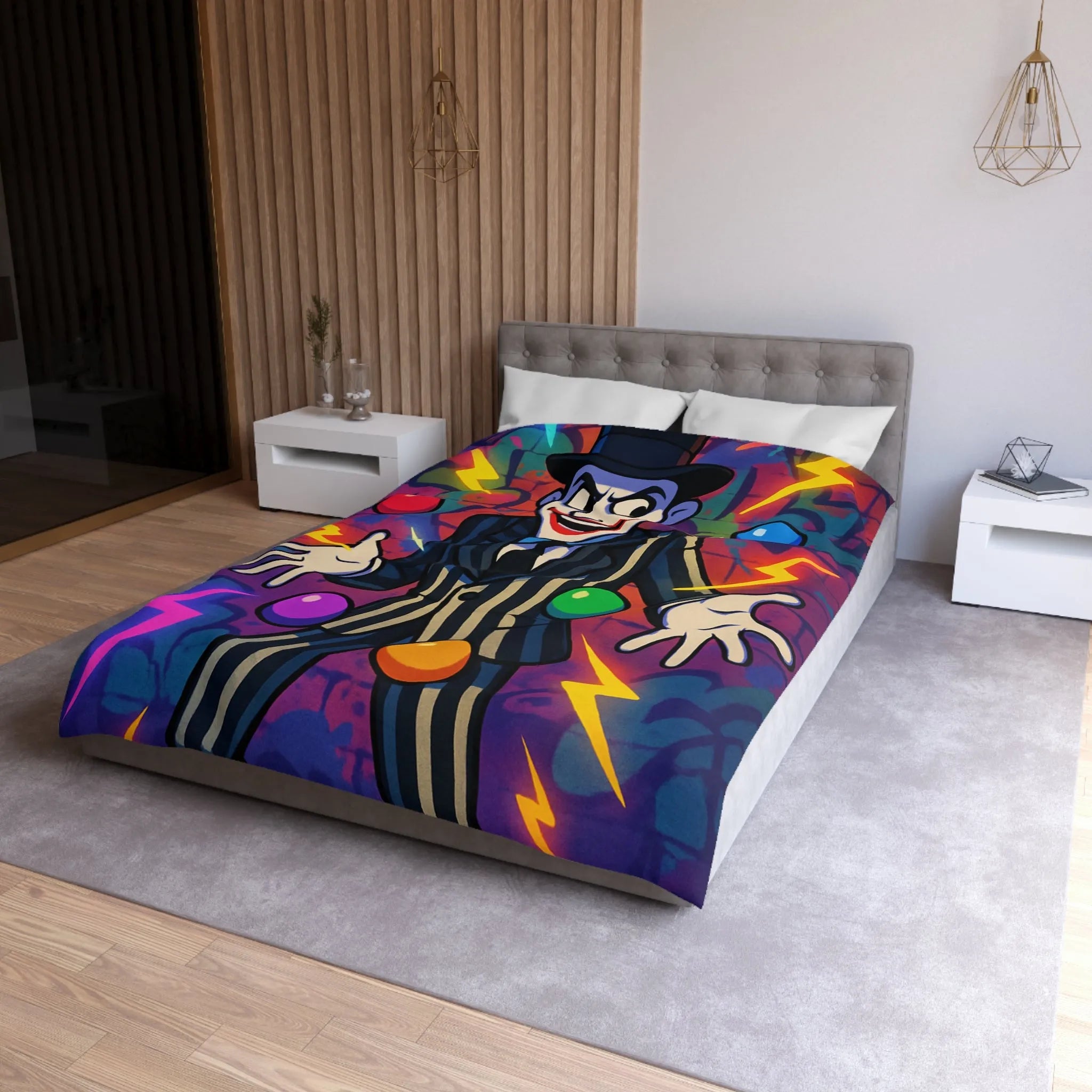 Housse de couette clown rayé jonglant avec des éclairs et des formes colorées