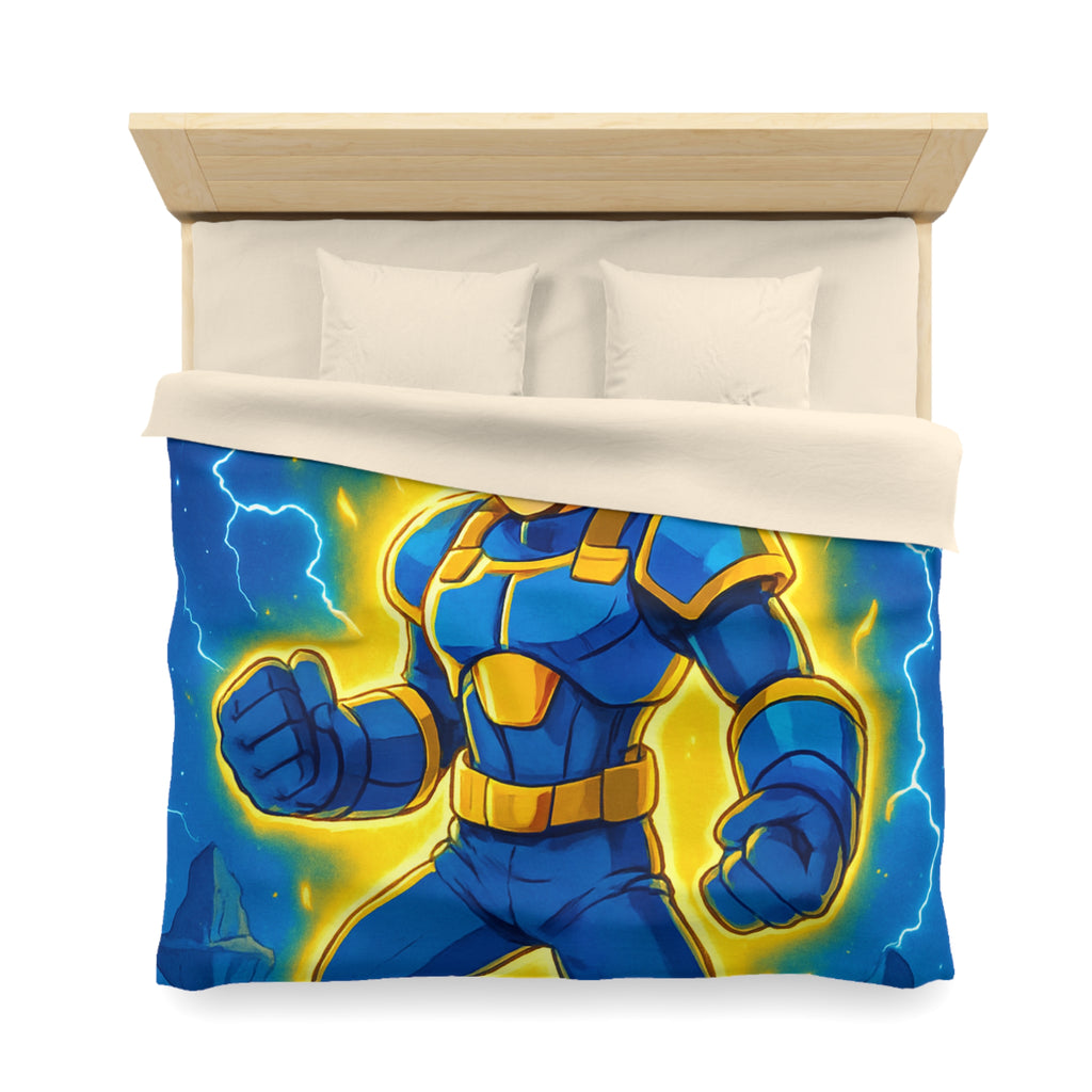 Housse de couette vibrante avec héros en armure bleue et rayons lumineux intenses