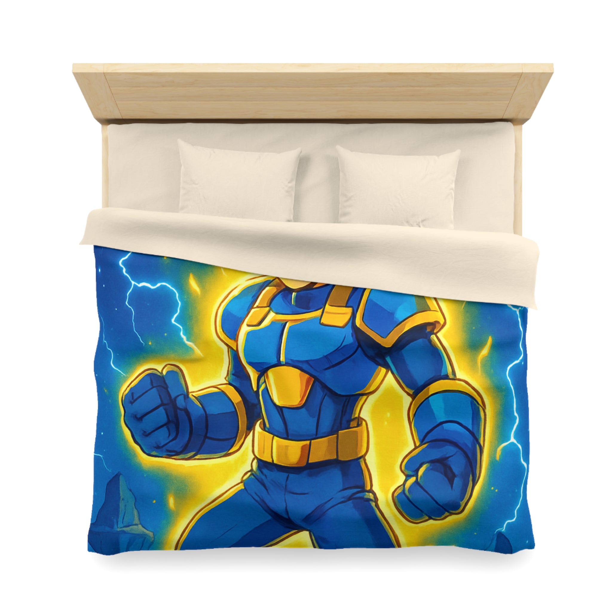 Housse de couette vibrante avec héros en armure bleue et rayons lumineux intenses