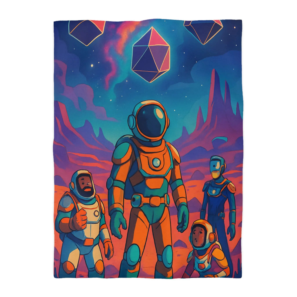 Housse de couette avec des astronautes et formes géométriques sous ciel étoilé coloré