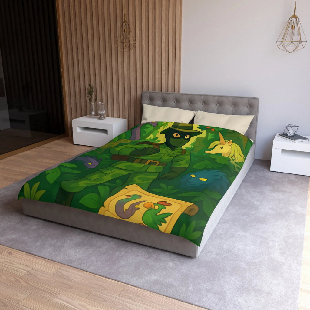 Housse de couette avec explorateur aventurier parmi créatures fantastiques et forêt luxuriante