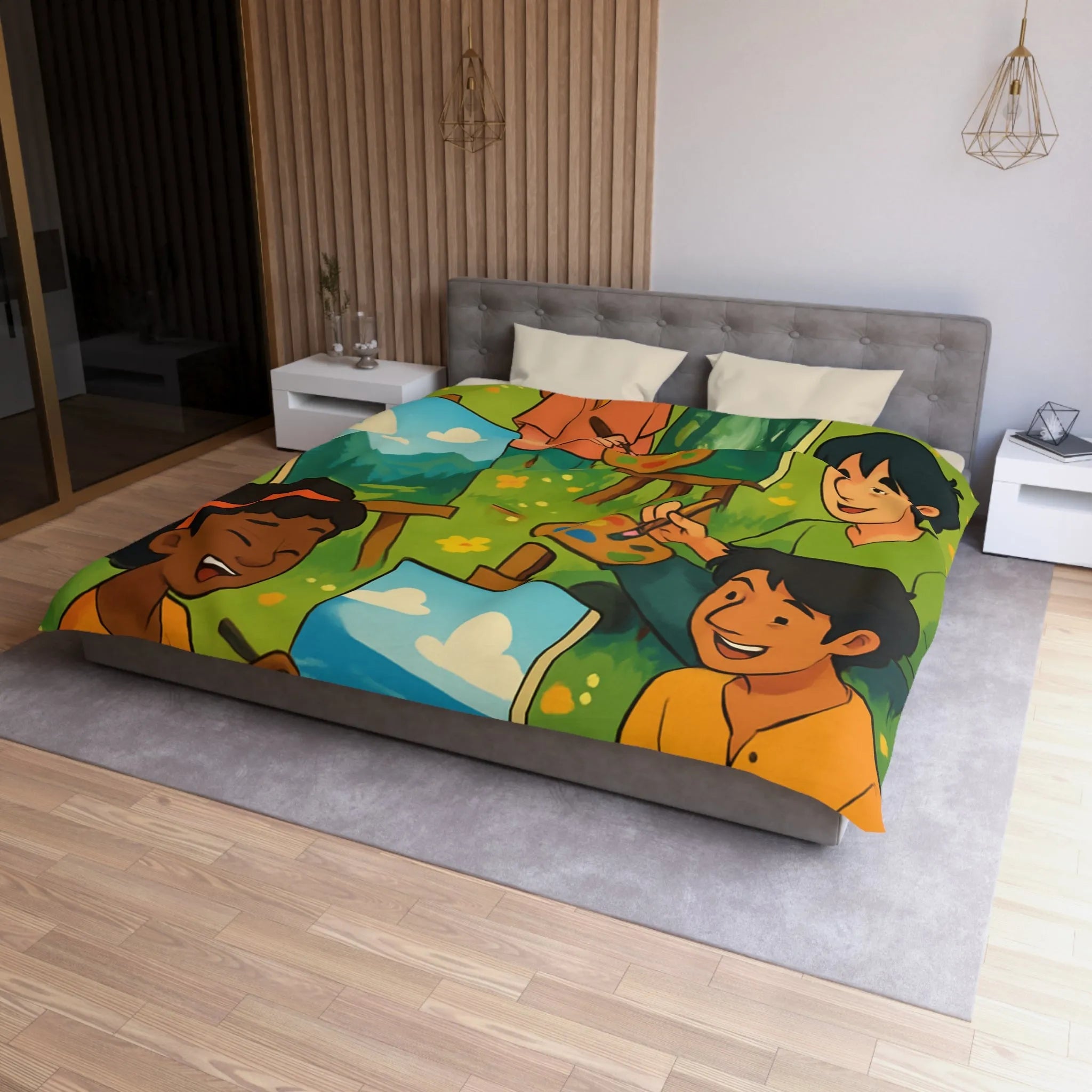 Housse de couette décorative avec enfants peignant dans champ fleuri en plein air