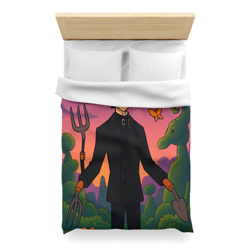 Housse de couette stylée avec personnage rêveur, jardin magique et papillons colorés