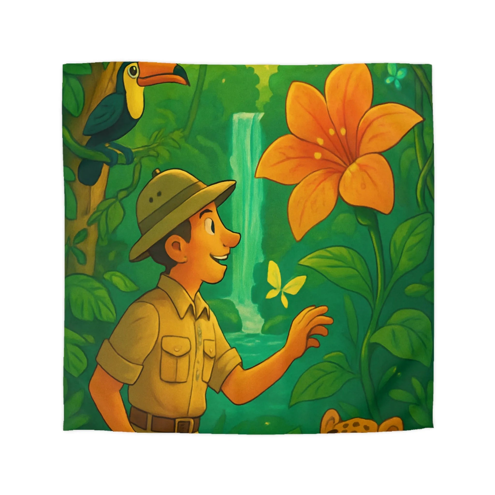 Housse de Couette Jungle Colorée avec Explorateur, Toucan, Léopard et Cascade Enchantée