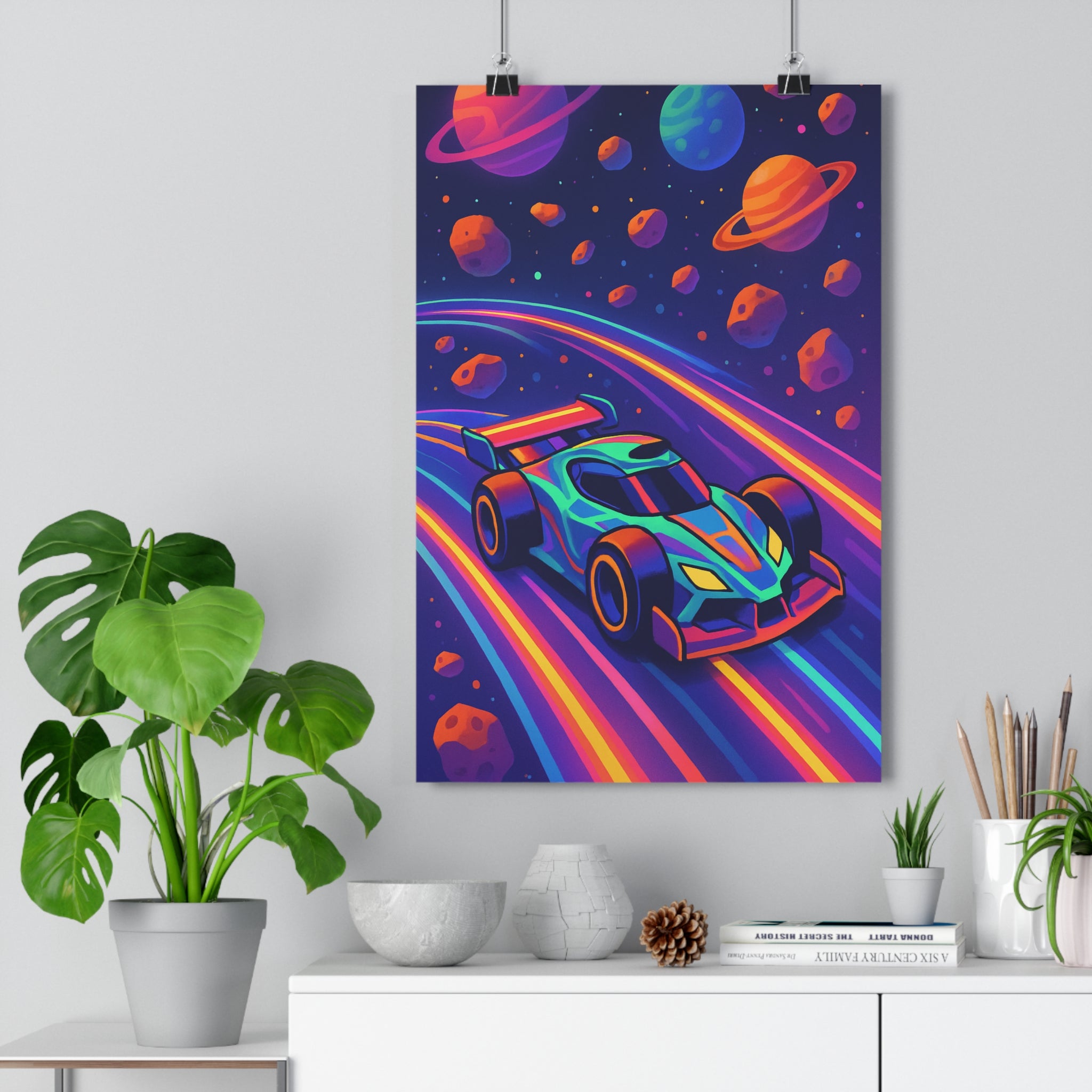 Poster décoratif futuriste voiture course bleu violet orange cartoon aventure espace chambre salon dynamique